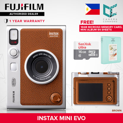 FUJIFILM Instax Mini Evo Hybrid Instant Camera Black and Brown with Mini Glossy Instant Film Sheets Direct Printing