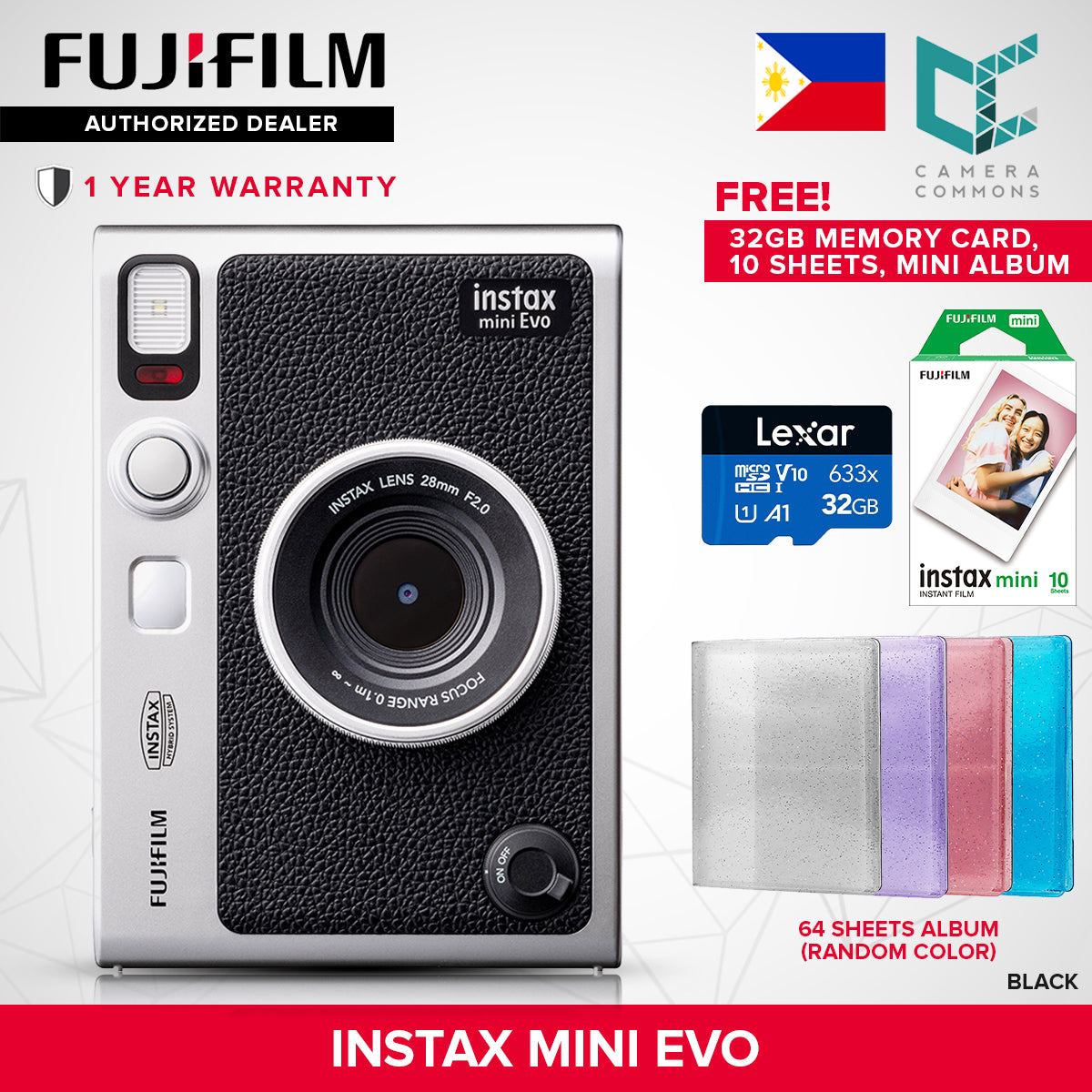FUJIFILM Instax Mini Evo Hybrid Instant Camera Black and Brown with Mini Glossy Instant Film Sheets Direct Printing