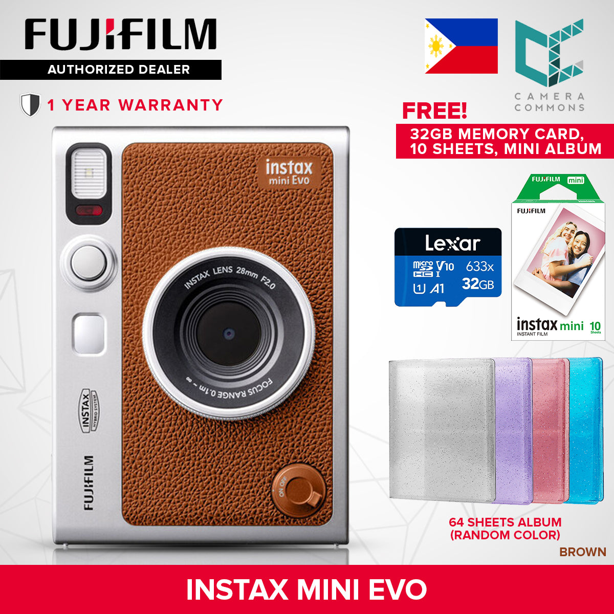 FUJIFILM Instax Mini Evo Hybrid Instant Camera Black and Brown with Mini Glossy Instant Film Sheets Direct Printing