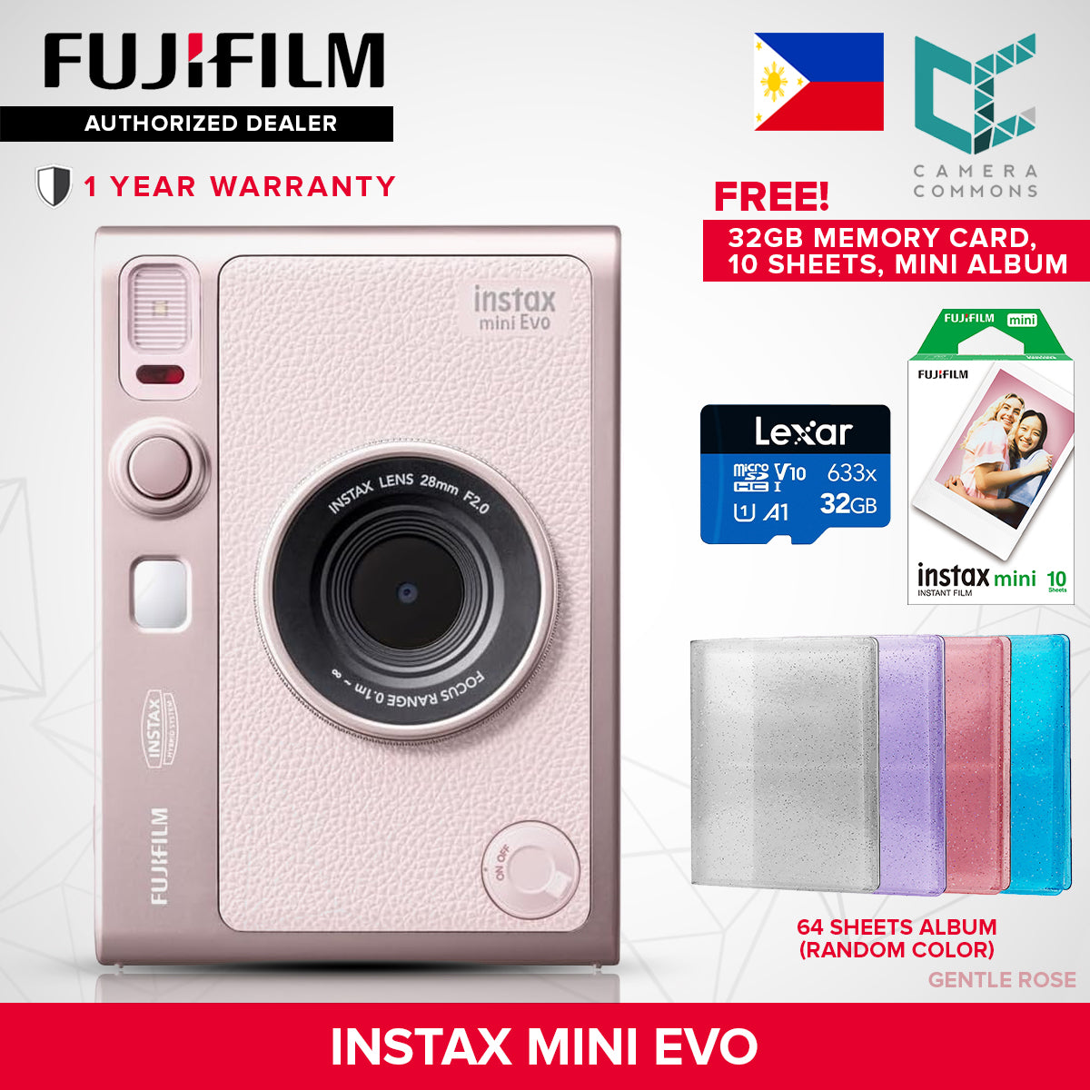 FUJIFILM Instax Mini Evo Hybrid Instant Camera Black and Brown with Mini Glossy Instant Film Sheets Direct Printing