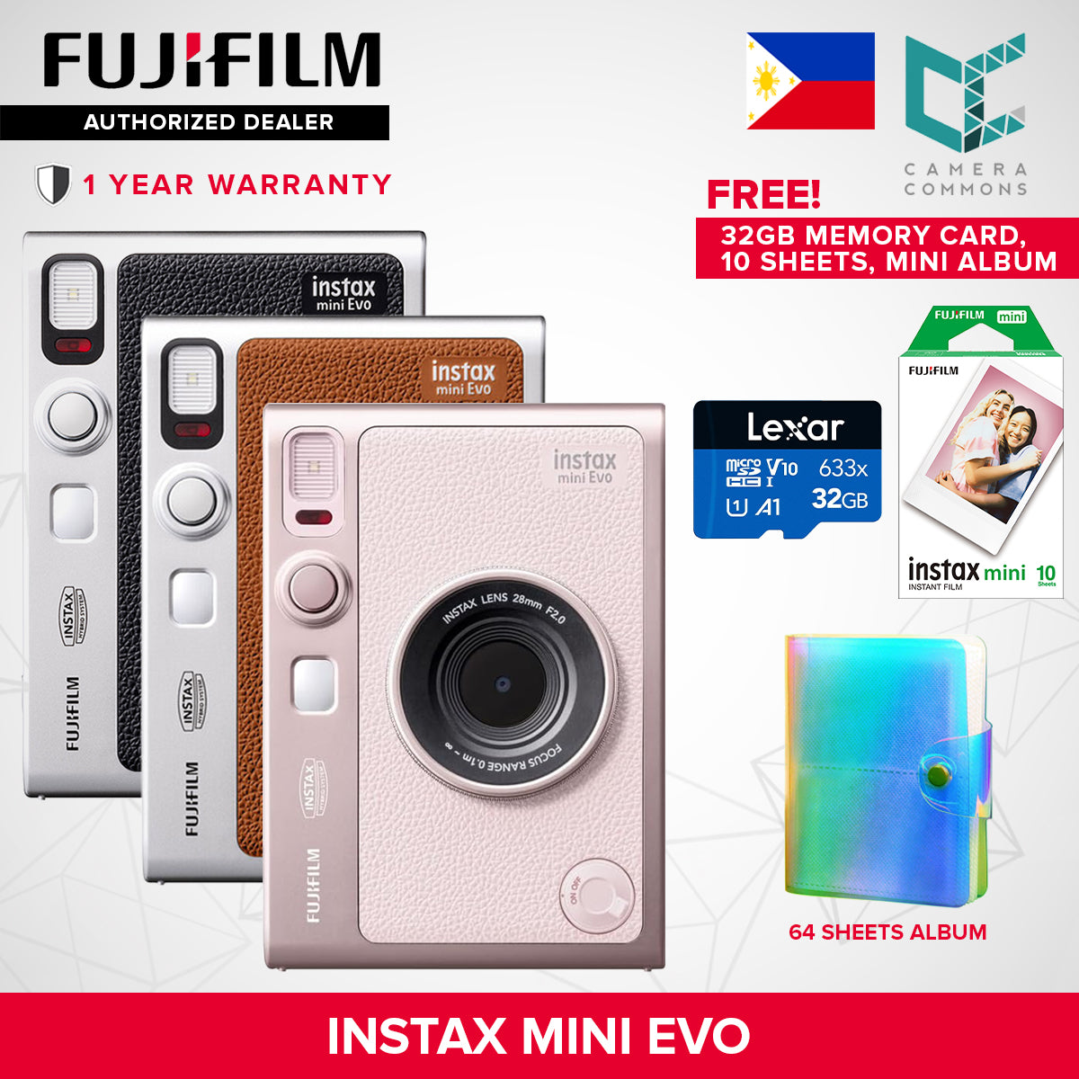 FUJIFILM Instax Mini Evo Hybrid Instant Camera Black and Brown with Mini Glossy Instant Film Sheets Direct Printing