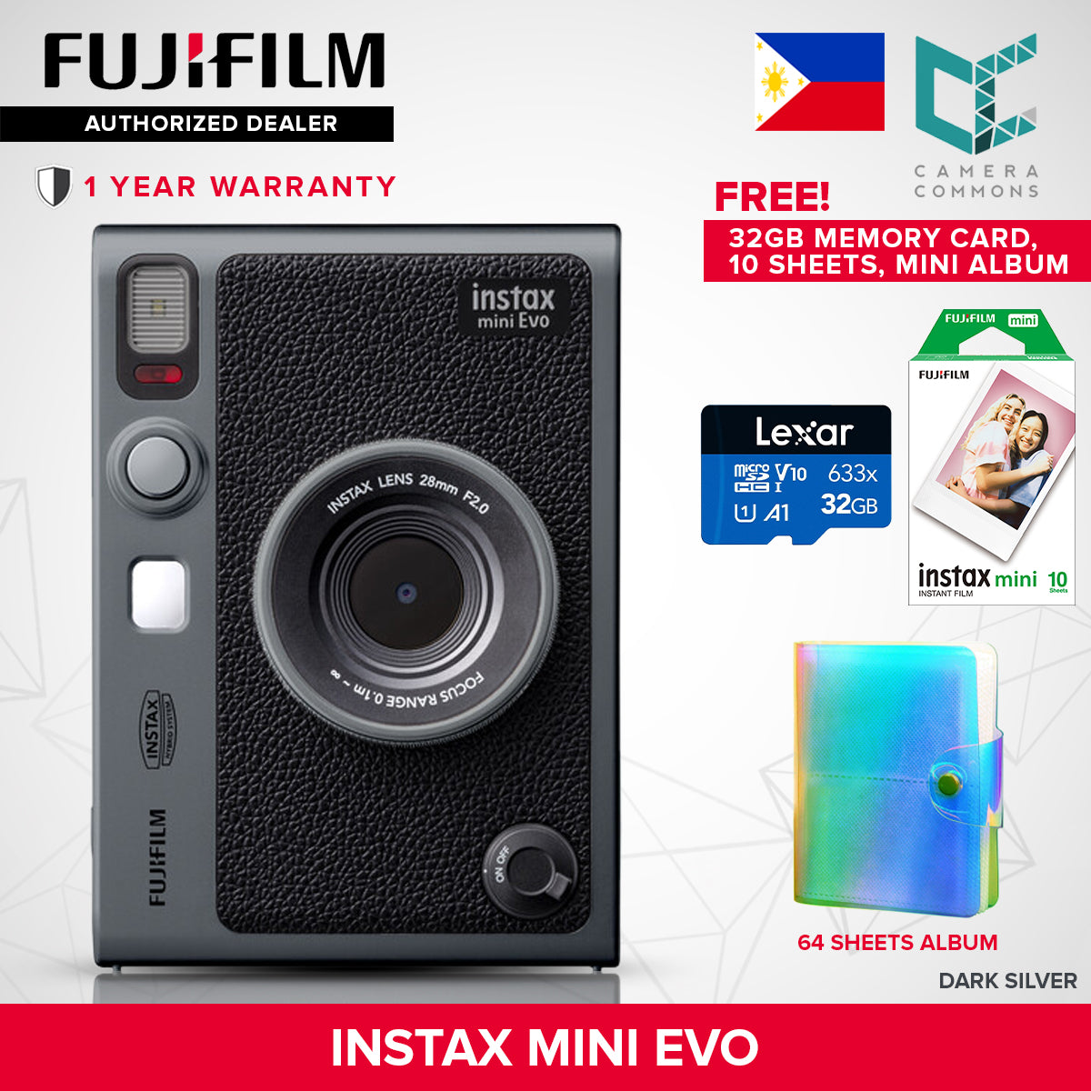FUJIFILM Instax Mini Evo Hybrid Instant Camera Black and Brown with Mini Glossy Instant Film Sheets Direct Printing