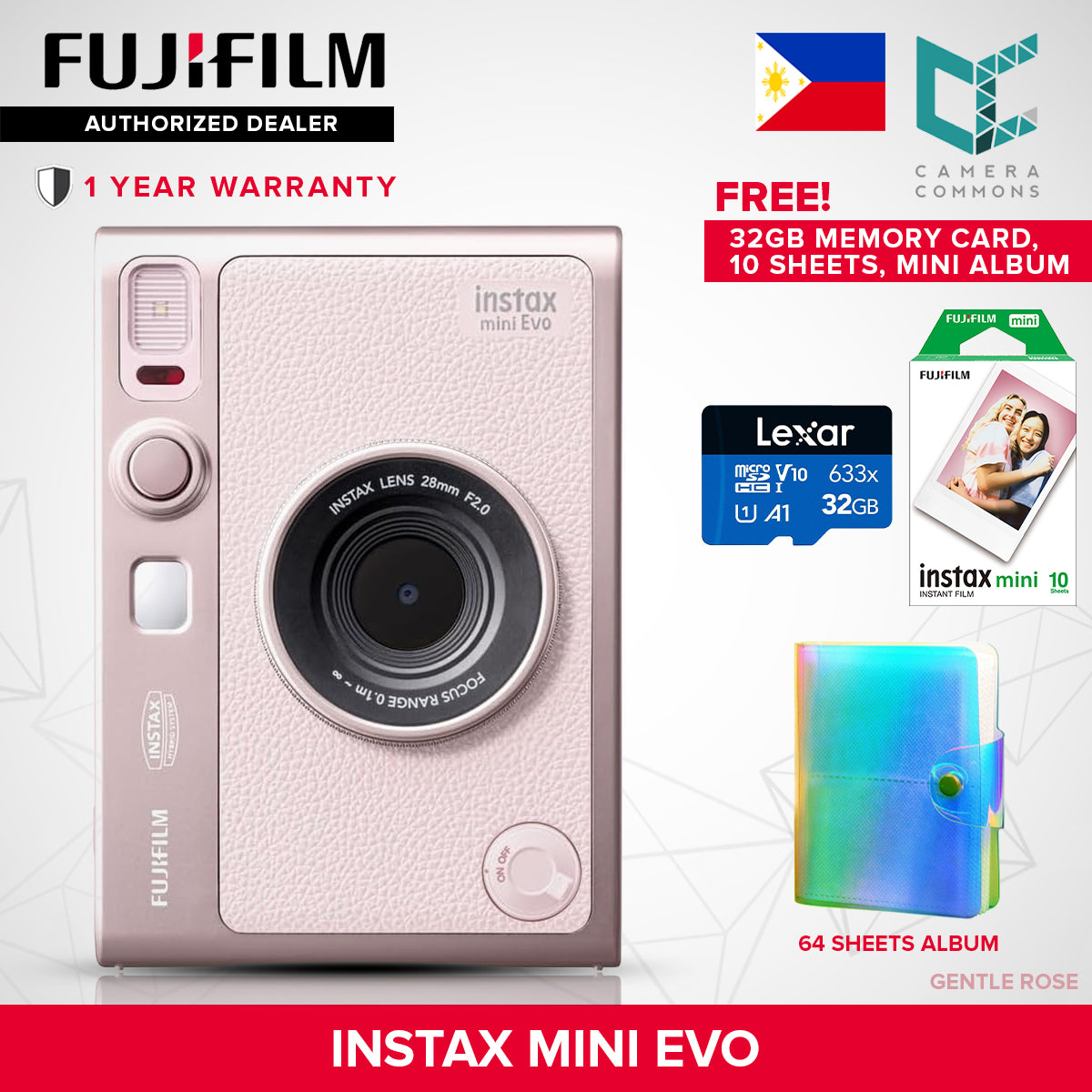FUJIFILM Instax Mini Evo Hybrid Instant Camera Black and Brown with Mini Glossy Instant Film Sheets Direct Printing