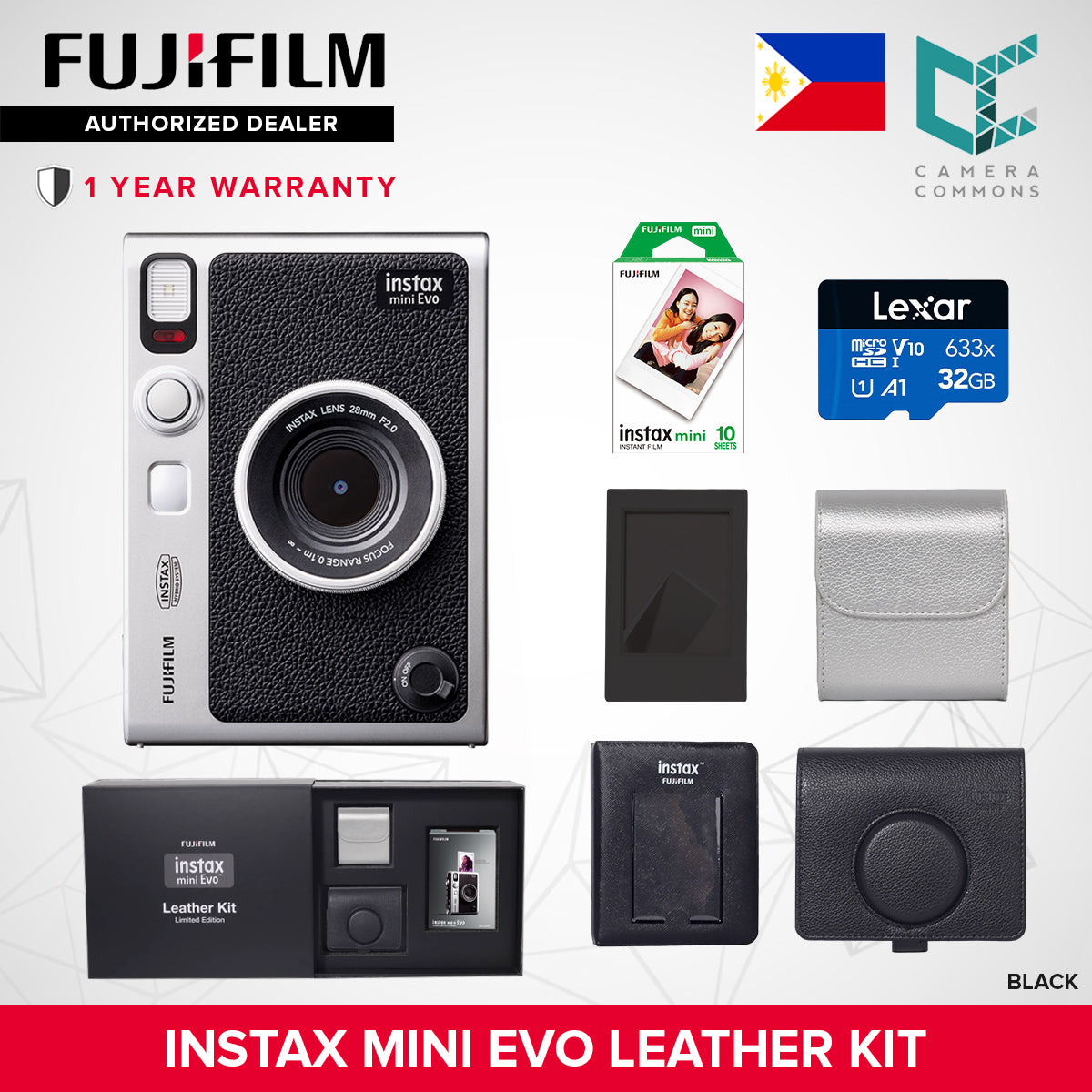 FUJIFILM Instax Mini Evo Hybrid Instant Camera Black and Brown with Mini Glossy Instant Film Sheets Direct Printing
