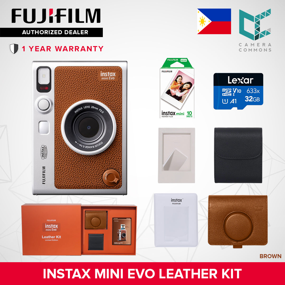 FUJIFILM Instax Mini Evo Hybrid Instant Camera Black and Brown with Mini Glossy Instant Film Sheets Direct Printing