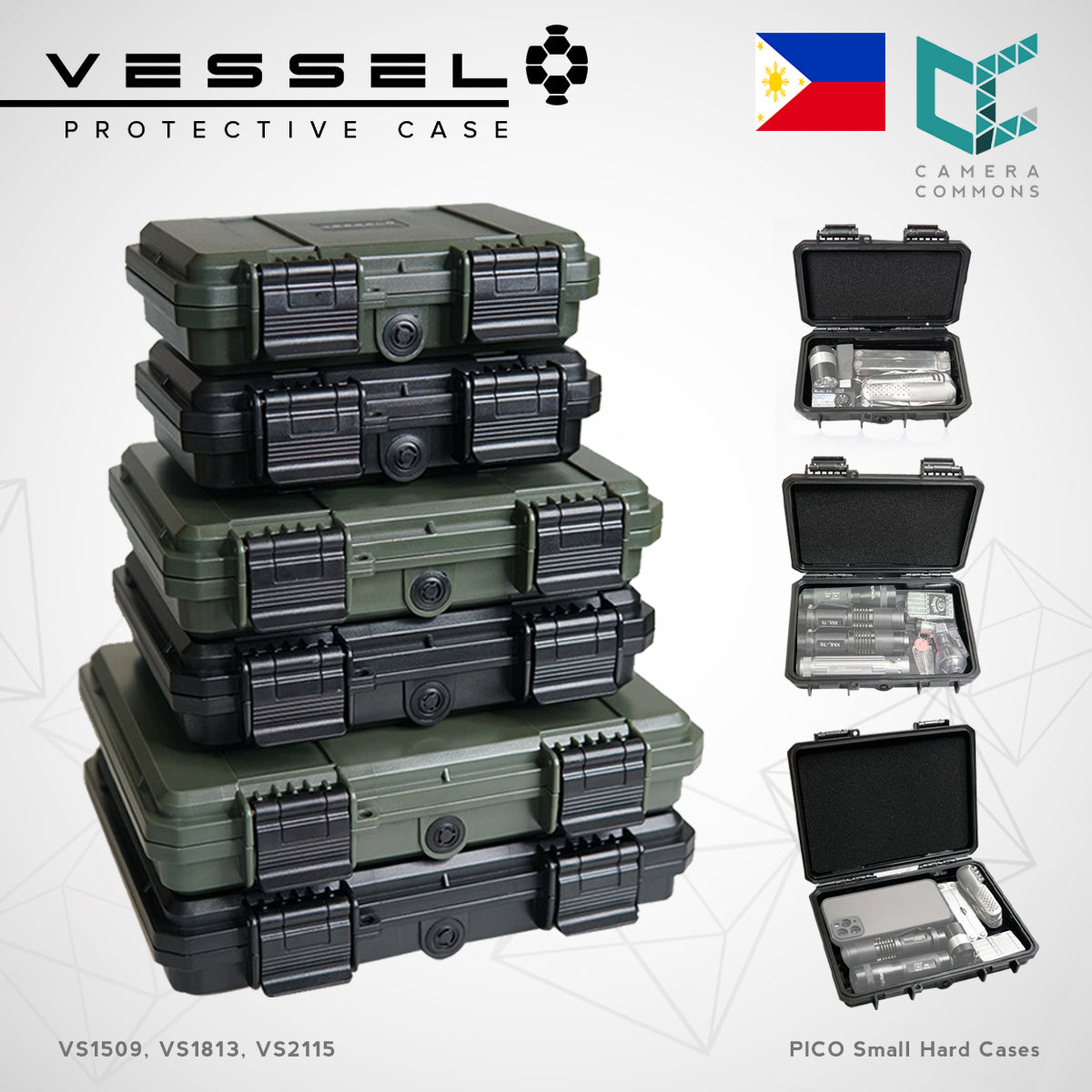 Vessel PICO VS1509 VS1509H VS1509T Portable Military Style Waterproof Small Hard Case for Smart Phone, Electronics, Console, Radio, Camera Batteries