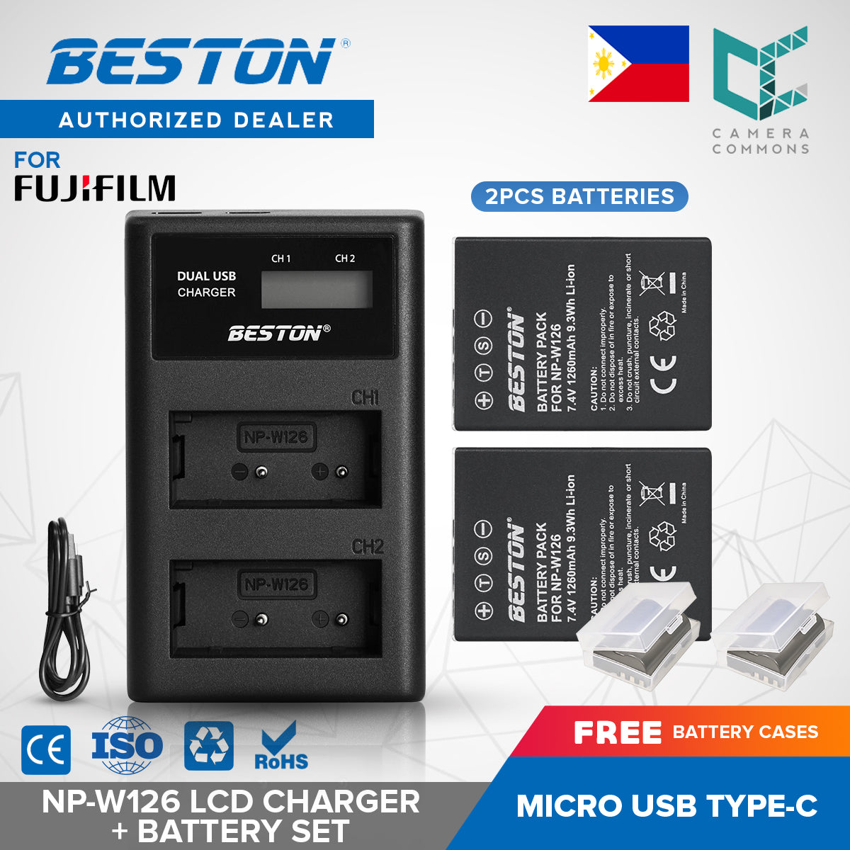 Beston SET NP-W126 LCD Charger + 2 PC Battery 7.4V 1260mAh Fujifilm NPW126