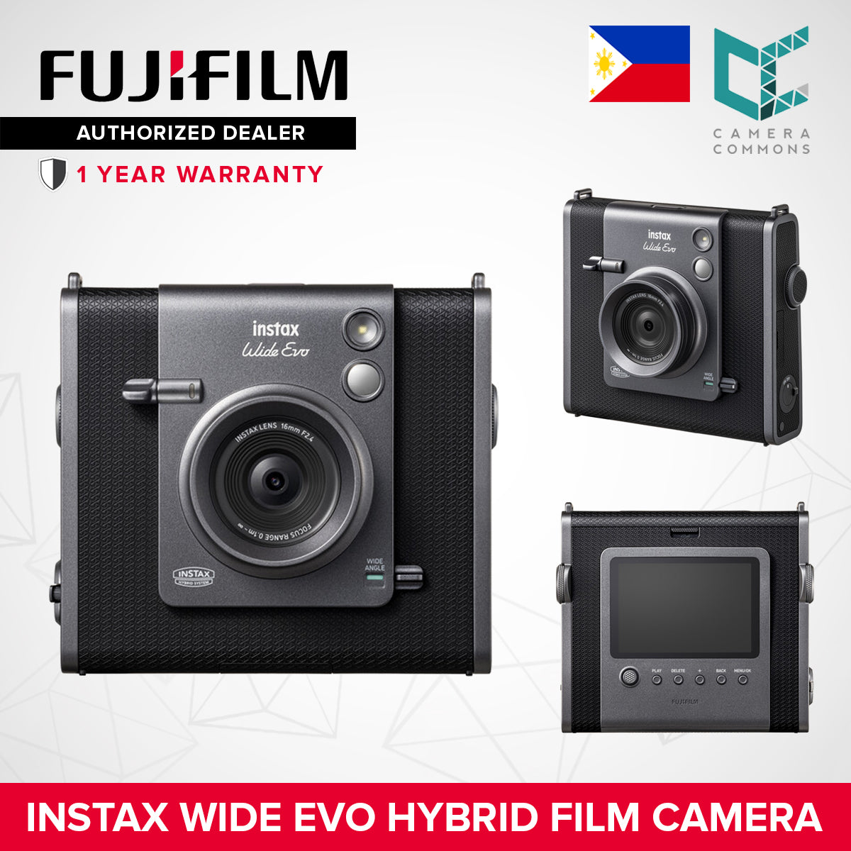 FUJIFILM Instax Wide Evo Hybrid Digital and Instant Film Camera 16MP Sensor Fixed 16mm f/2.4 Lens
