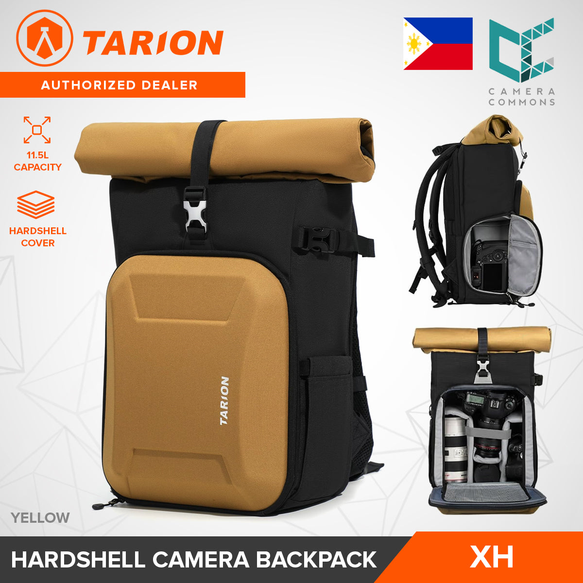 Tarion XH HardShell Rolltop Camera Backpack 11.5L Bag for Photography Accessories (Grey/Yellow)