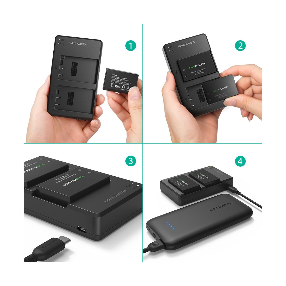 RAVPower LP-E17 Camera Battery Charger with 2pcs Batteries Set for Canon EOS Rebel Cameras LPE17