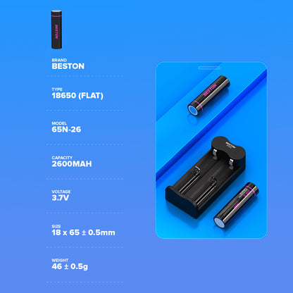 Beston 18650 3.7V Rechargeable Lithium Ion Battery (Flat Top) Li-ON Large Capacity 2600MAH