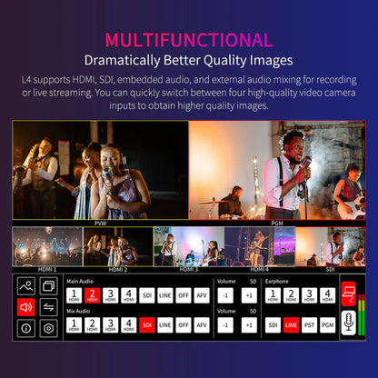 FEELWORLD L4 Multi-Camera Video Mixer Switcher 10.1" Touch Screen USB3 Fast Streaming Chroma Keying