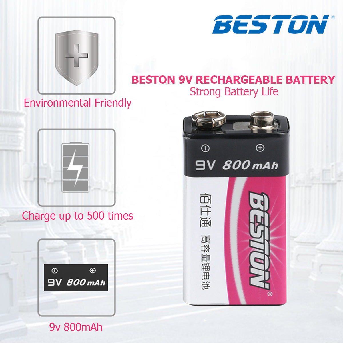 Beston 800mAh 9V Rechargeable Lithium Li-ion Battery 1pc / 2pcs