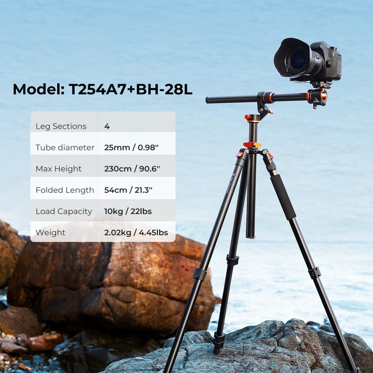K&F Concept T254A7+BH-28L 90 inch/2.3m Tripod Reversible Detachable Monopod Transverse Center Column KF09.119