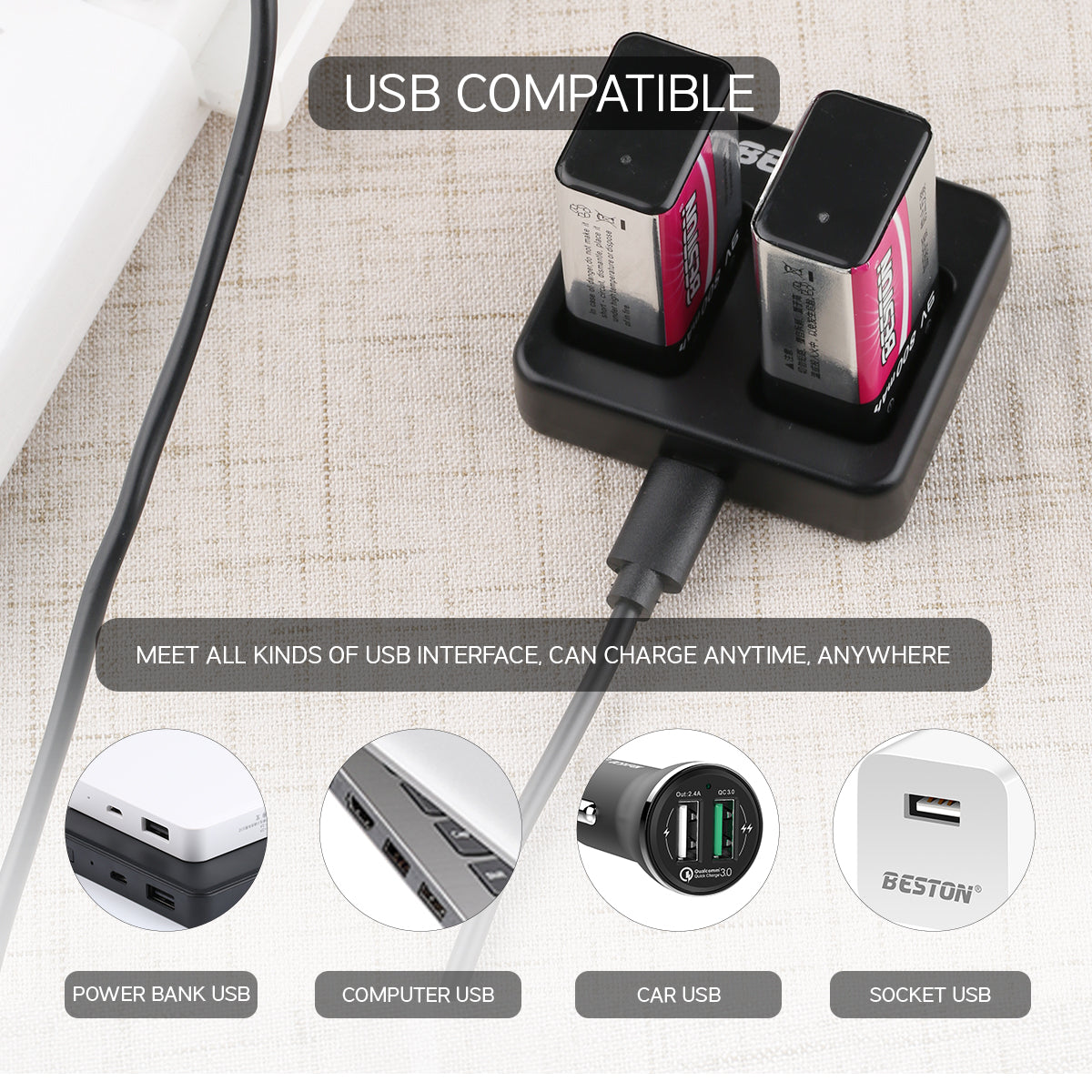 Beston M7005 2-Bay Battery Charger for 9V Rechargeable Lithium Battery