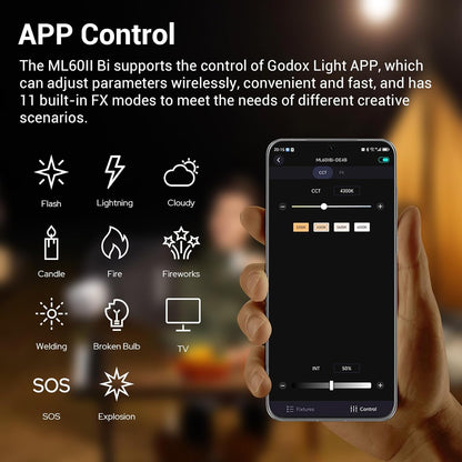 Godox ML60IIBi Bi-Color LED Monolight CRI 96 2800-6500K CCT Photo Light Studio Lighting ML60II