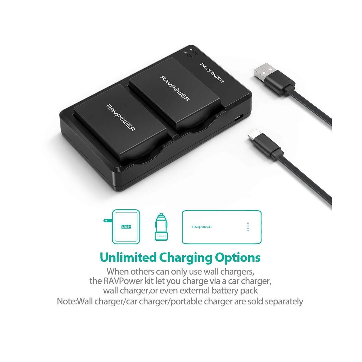 RAVPower LP-E8 Camera Battery Charger with 2pcs Batteries Set for Canon Cameras LPE8