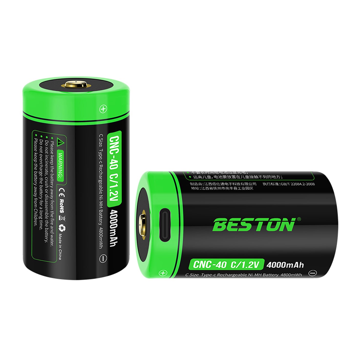 2pcs Beston 4000mAh C Size Type C 1.2V Ni-MH Rechargeable Battery with Micro USB Input BST-CNC-40
