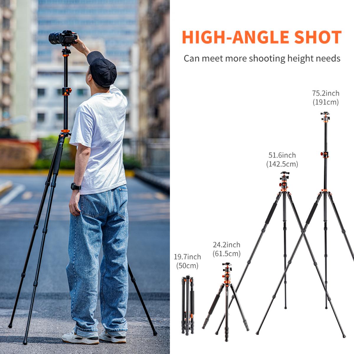 K&F Concept SA254T3 Aluminum Portable Travel Tripod 22lbs/10kg Load for DSLR Cameras KF09.096