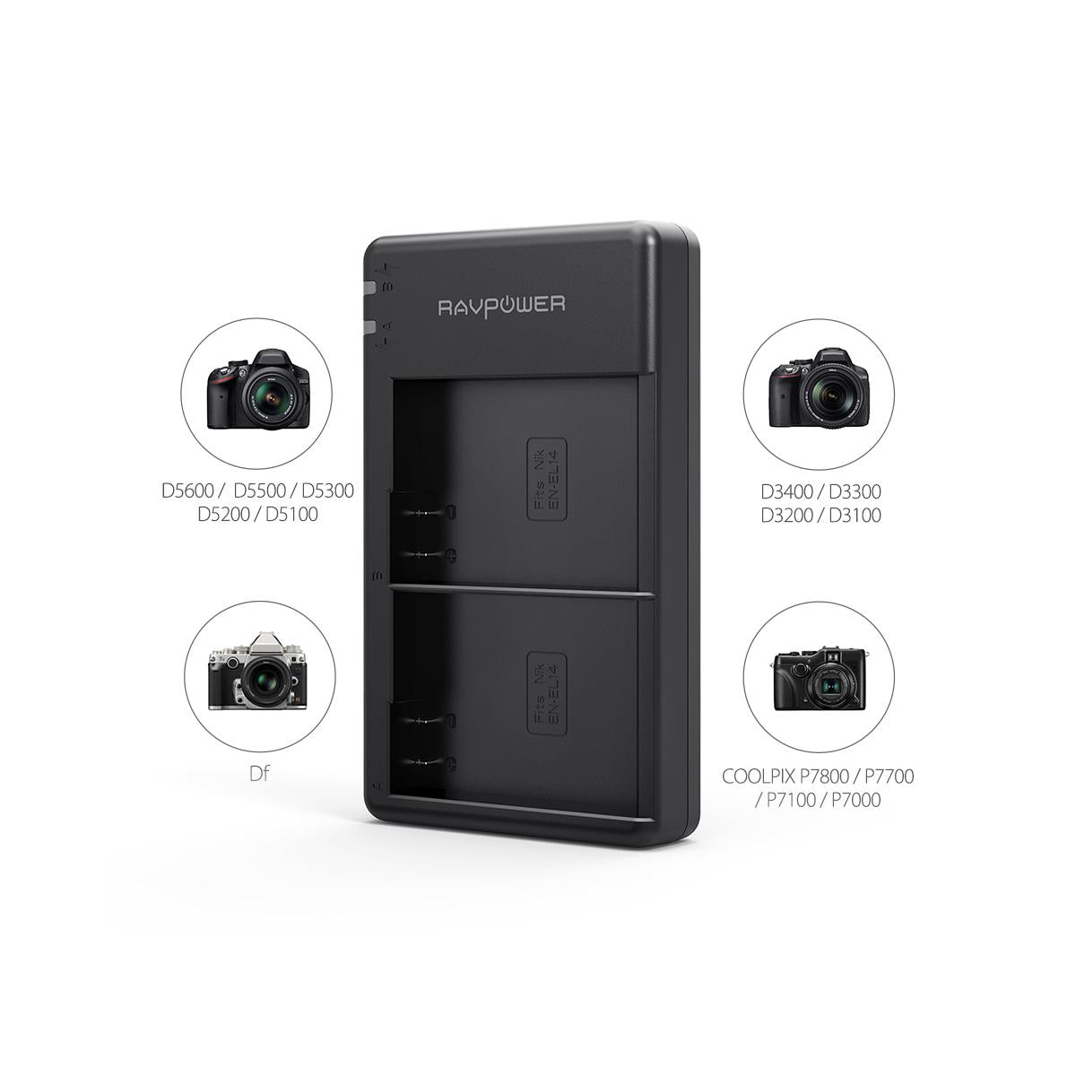RAVPower EN-EL14 Camera Battery Charger with 2pcs Batteries Set for Nikon Cameras ENEL14