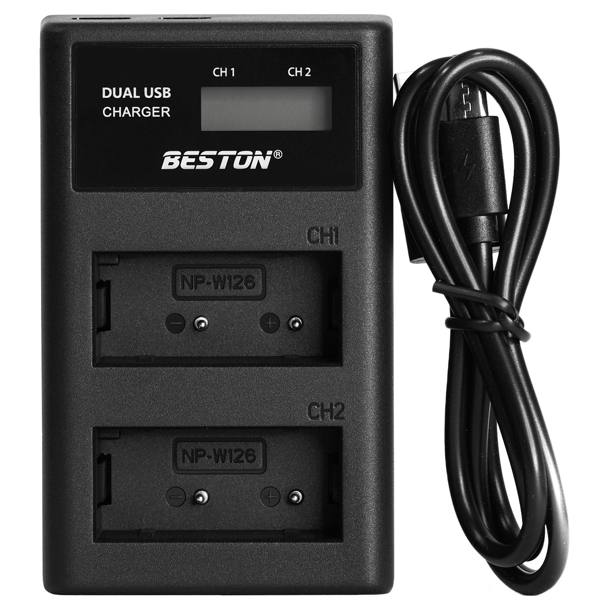 BESTON NP-W126 LCD Dual USB Charger (Micro USB Type-C) for Fujifilm Batteries NPW126