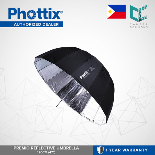 CLEARANCE Phottix Premio Reflective Umbrella 120cm / 47 Inches - Black and Silver (85373 , PH85373) Photography Studio Lighting