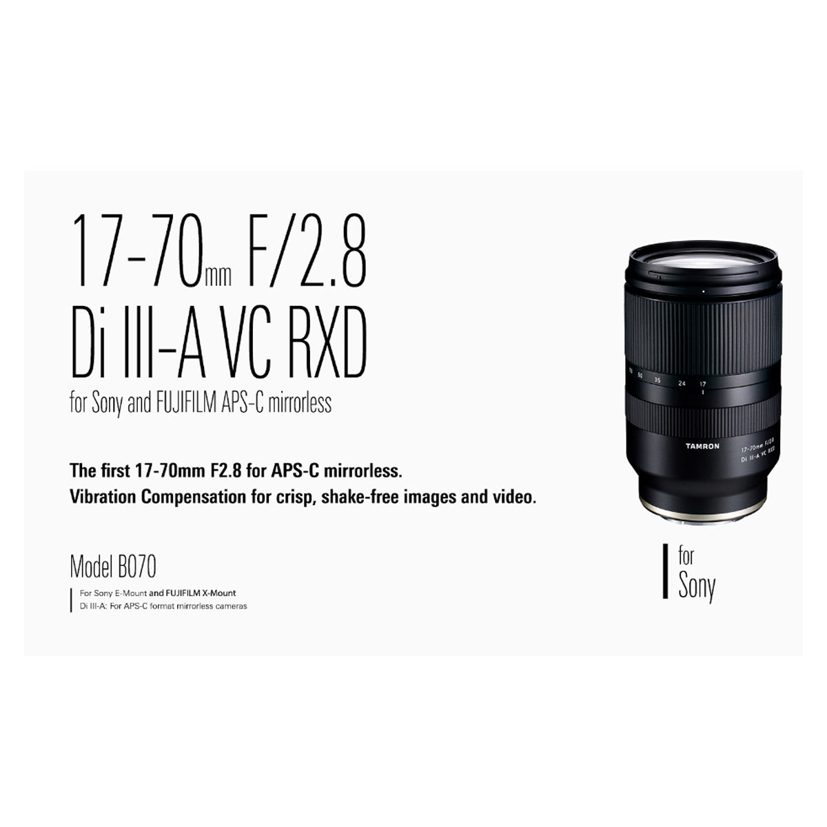 Tamron B070S 17-70mm f/2.8 Di III-A VC RXD Lens for Sony E E-Mount APS-C Format VC Image Stabilization