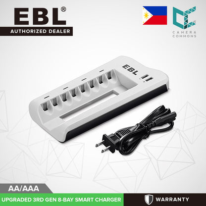 EBL 8 Bay New Upgraded 3rd Gen Smart Battery Charger for AA , AAA , Ni-MH , Ni-CD Rechargeable Batteries Camera Commons PH NiMH NiCD