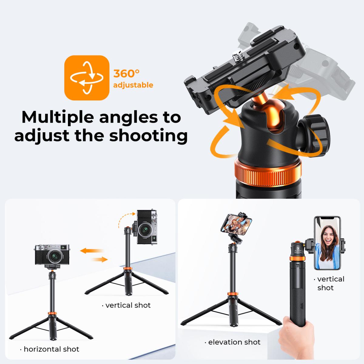 K&F Concept MS04 62'' 1.58m Phone Tripod Selfie Stick with Bluetooth Remote Control + GoPro Adapter