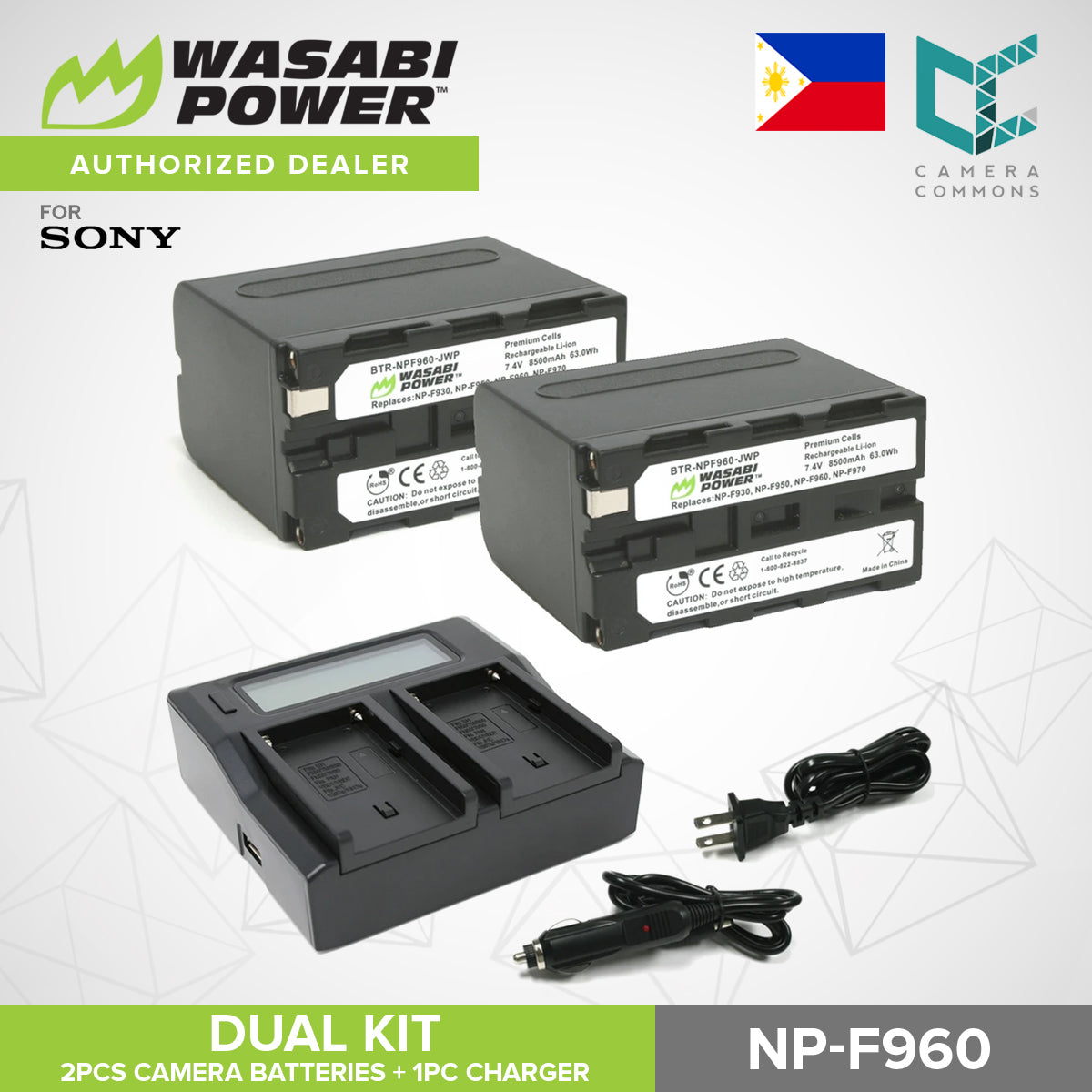 Wasabi Power NP-F950 NP-F960 NP-F970 NP-F975 Dual Kit Battery Charger for Sony Cameras NPF960