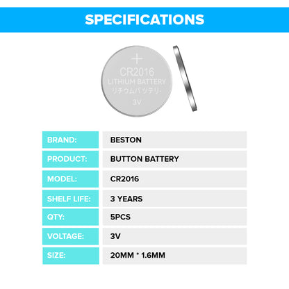 Beston CR2016 Button Cell Lithium Battery Li-ion Coin 3V 3 Volts (Pack of 5)