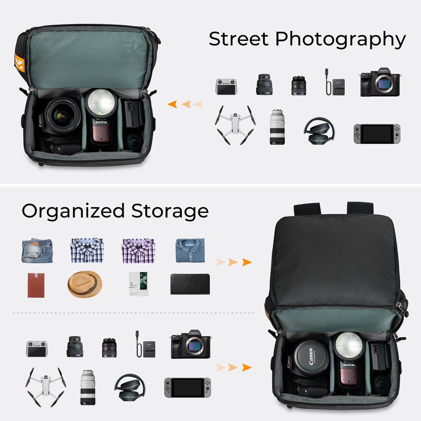 K&F Concept KF13.129 Alpha Collapsible Camera Bag 2 Way 22L for Photographers Business Trip Travel Everyday Bags Black