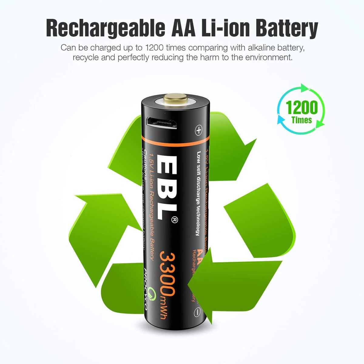 EBL USB Rechargeable Lithium AA Batteries - 1.5V 3300mWh Long Lasting Rechargeable Double A Li-ion Batteries with Micro Charging Cable - Quick Charge in 2 Hours (4 Pack)