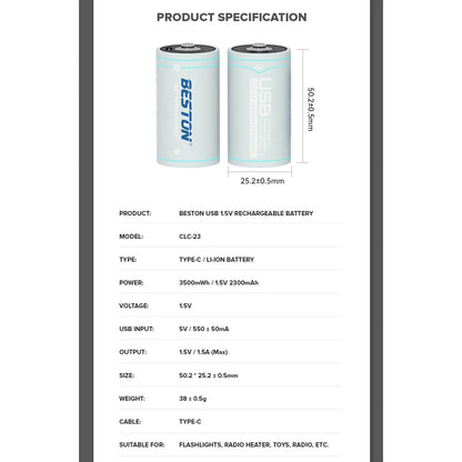 Beston 1pc Type C Size 1.5V Li-ion 3500mwh Type C Rechargeable Lithium Battery CLC-23 with Cable