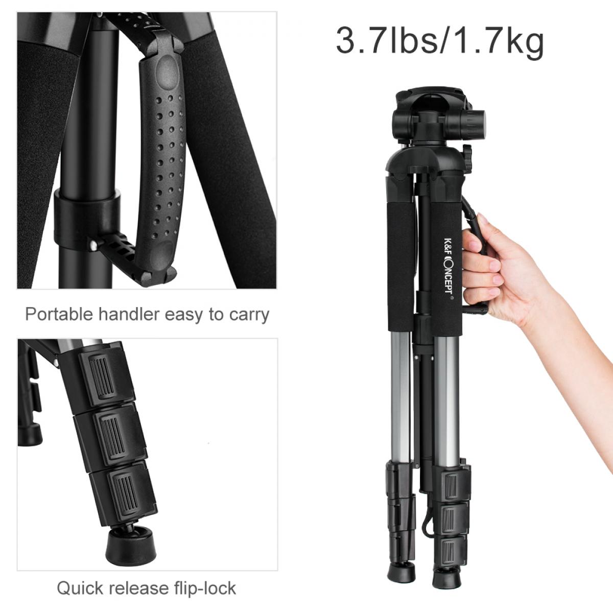 K&F Concept TM2624L 70inch Tripod with 3-Way Pan Tilt Head Gray