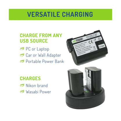Wasabi Power EN-EL15 EN-EL15A EN-EL15B EN-EL15C Dual Kit Battery Charger for Nikon Cameras ENEL15