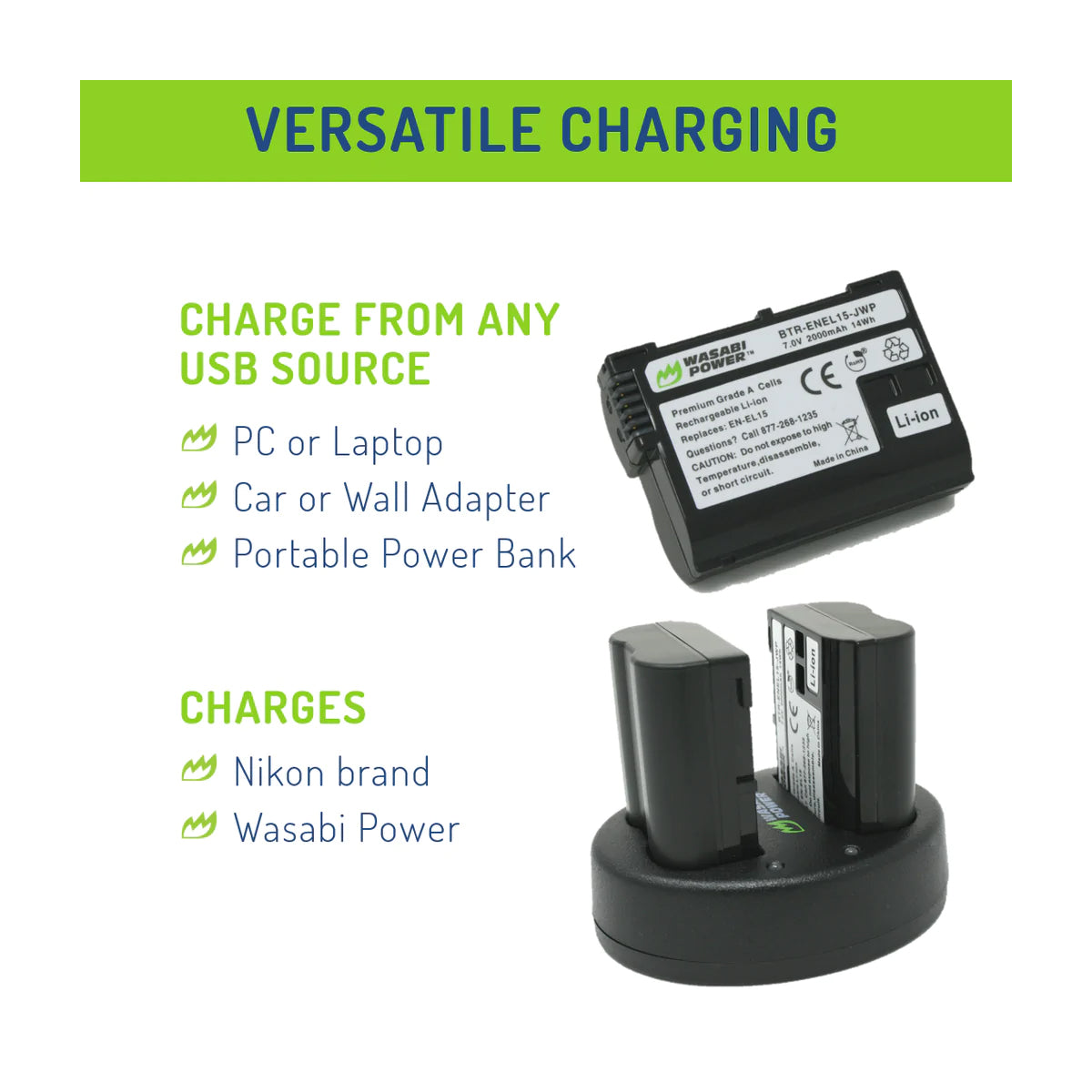 Wasabi Power EN-EL15 EN-EL15A EN-EL15B EN-EL15C Dual Kit Battery Charger for Nikon Cameras ENEL15