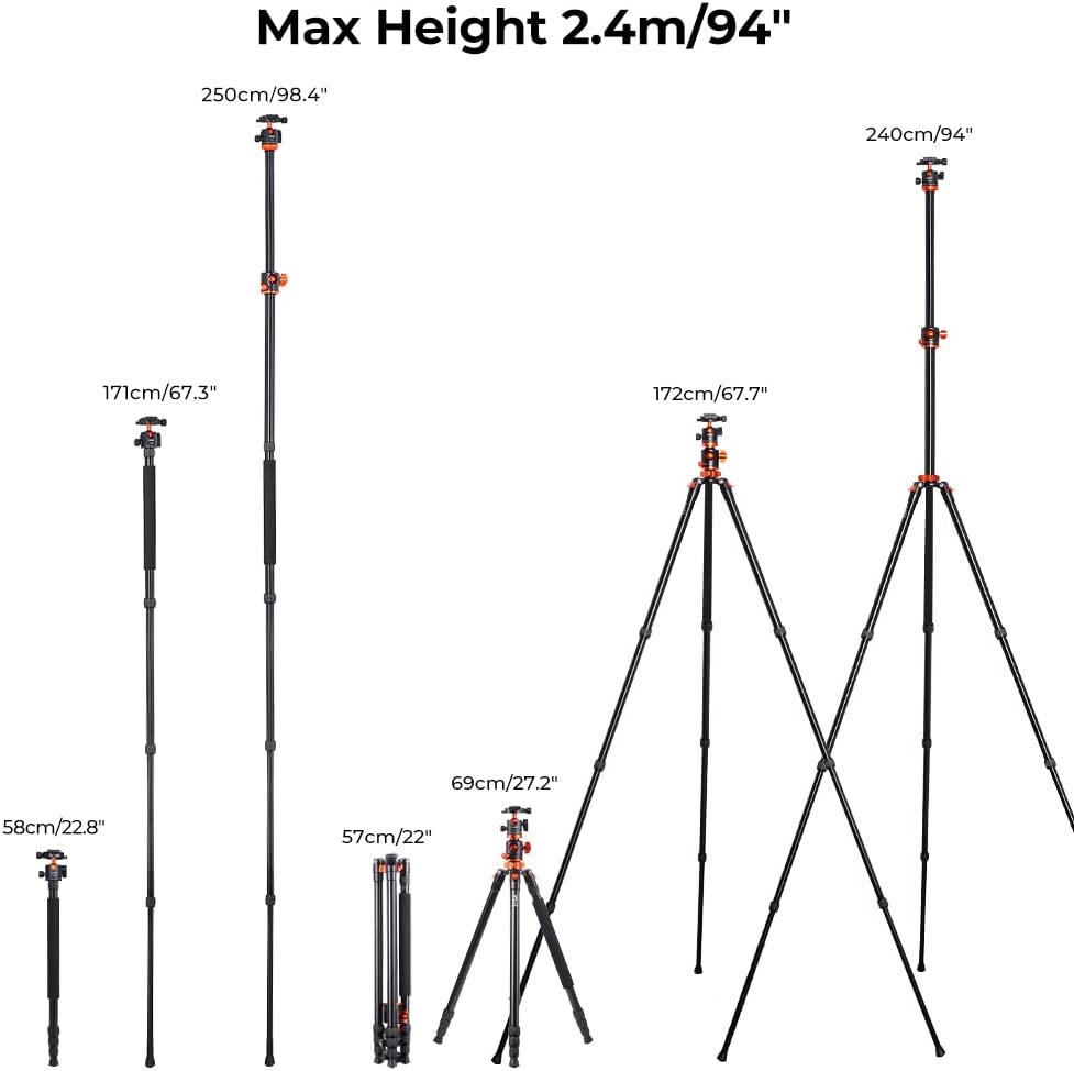 K&F Concept T254A8 + BH-28L (SA254T1) 4 Section Tripod Lightweight Monopod with Transverse Center Column