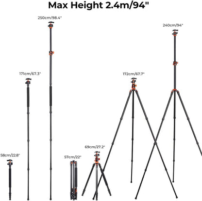 K&F Concept T254A8 + BH-28L (SA254T1) 4 Section Tripod Lightweight Monopod with Transverse Center Column