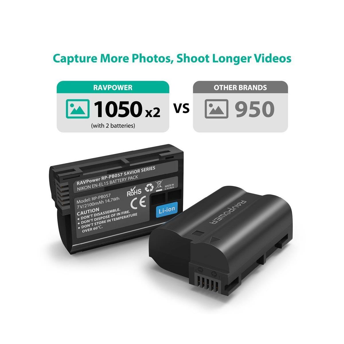 RAVPower EN-EL15 Camera Battery Charger with 2pcs Batteries Set for Nikon Cameras ENEL15