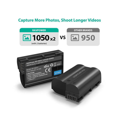 RAVPower EN-EL15 Camera Battery Charger with 2pcs Batteries Set for Nikon Cameras ENEL15