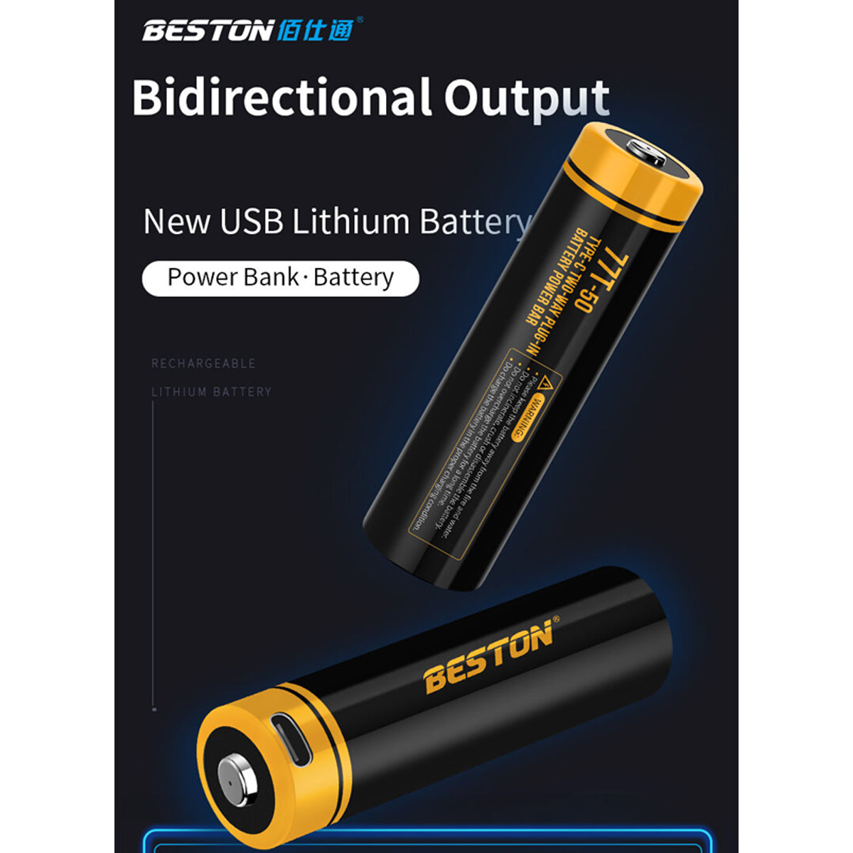 Beston 1pc 21770 77T-50 Type C 5000mah Li-ion Rechargeable Battery Two Way Plug In Black Yellow 77T50