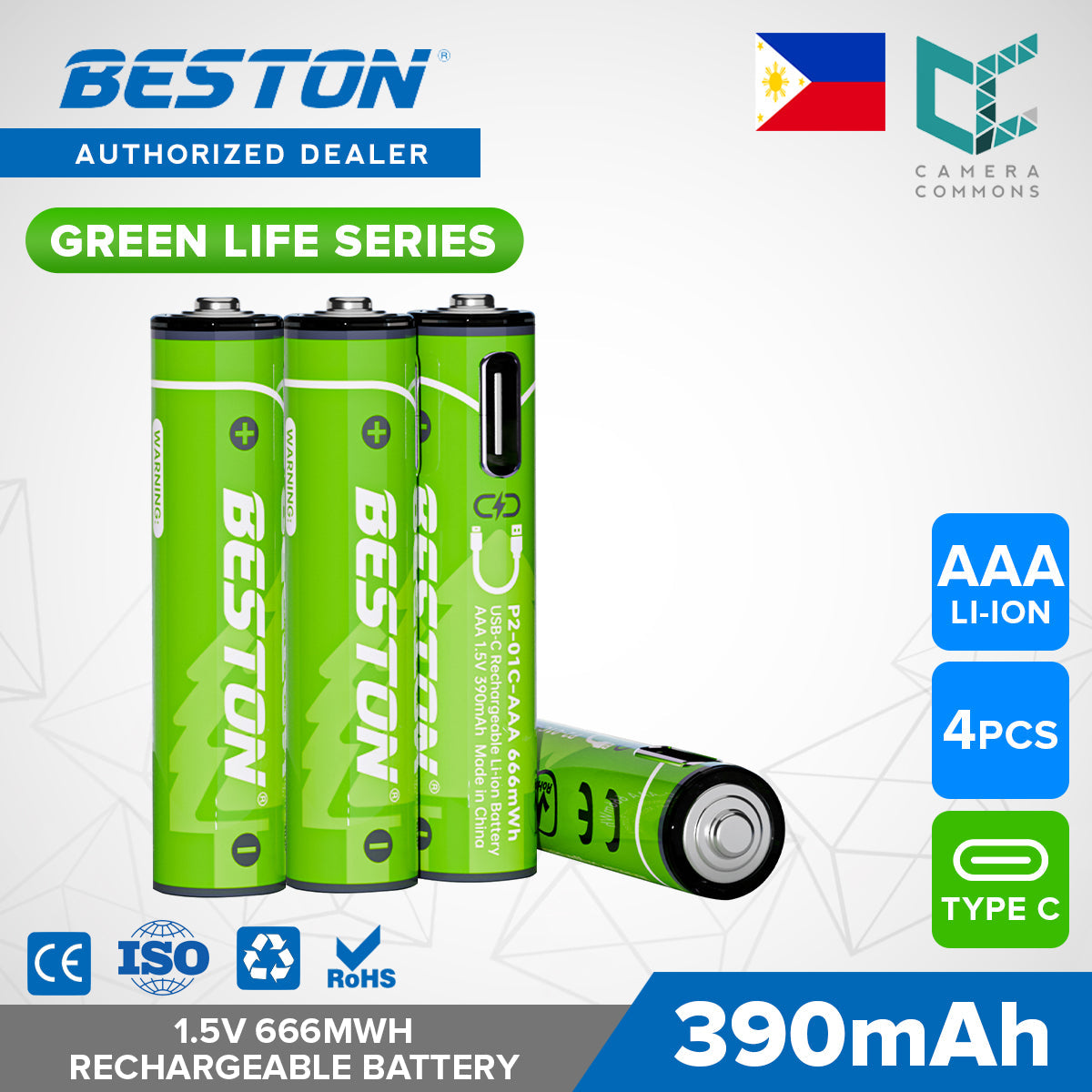 Beston Green Life Series AA AAA C D 9V 16340 18650 Li-ion Rechargeable Battery Type C