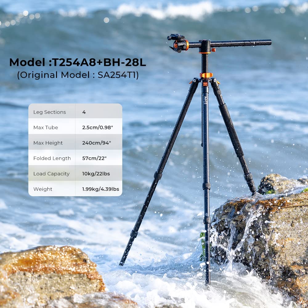 K&F Concept T254A8 + BH-28L (SA254T1) 4 Section Tripod Lightweight Monopod with Transverse Center Column