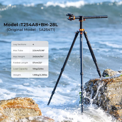 K&F Concept T254A8 + BH-28L (SA254T1) 4 Section Tripod Lightweight Monopod with Transverse Center Column