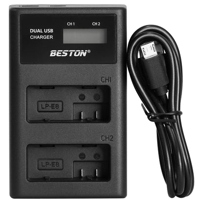 BESTON LP-E8 LCD Dual USB Charger (Micro USB Type-C) for Canon Camera Batteries LPE8