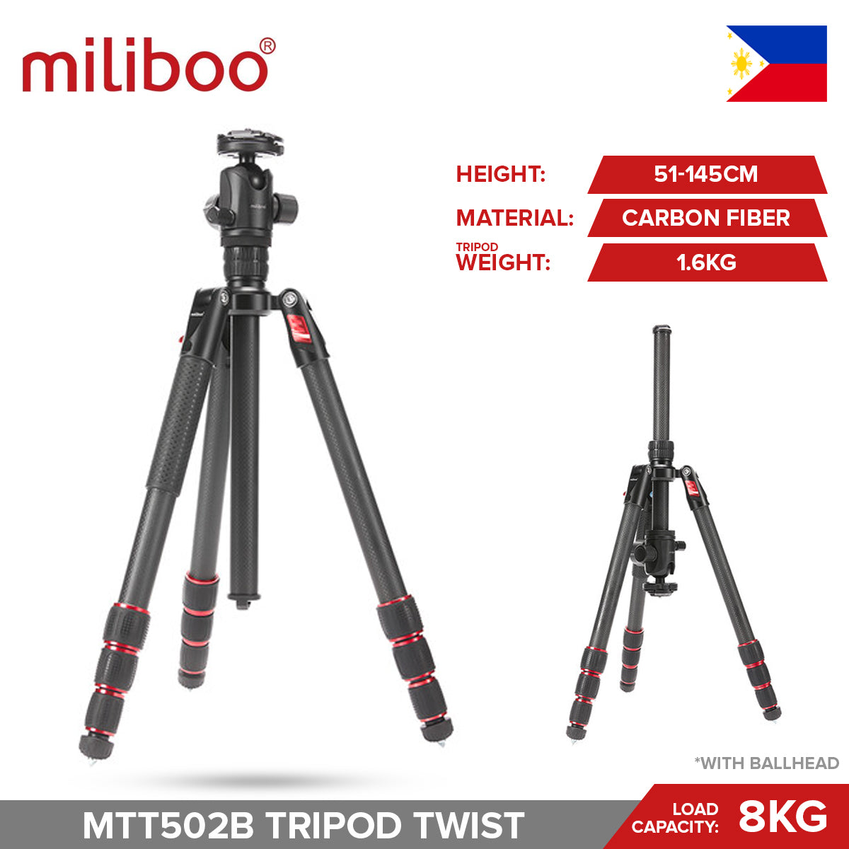 CLEARANCE Miliboo MTT502A MTT502B Aluminum Alloy Carbon Fiber Ballhead Tripod Twist Lock
