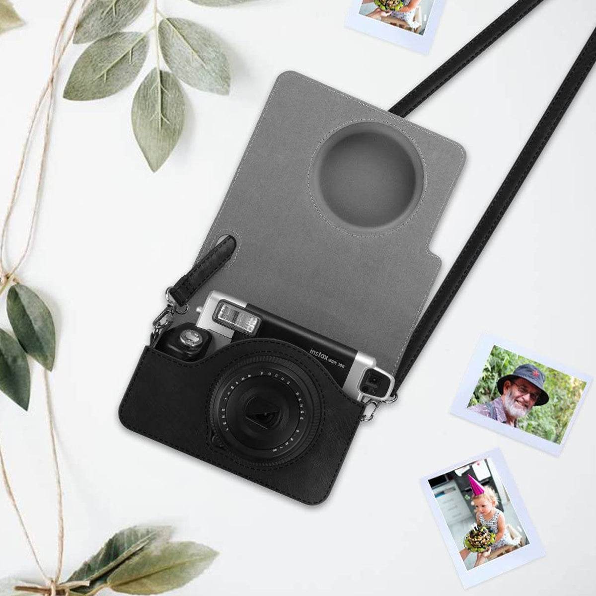 Leather Bag Case Cover Pouch Protector Shoulder Strap Black for Fujifilm Instax Wide 300 Instant Print Camera