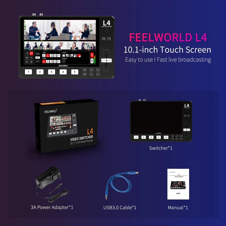 FEELWORLD L4 Multi-Camera Video Mixer Switcher 10.1" Touch Screen USB3 Fast Streaming Chroma Keying