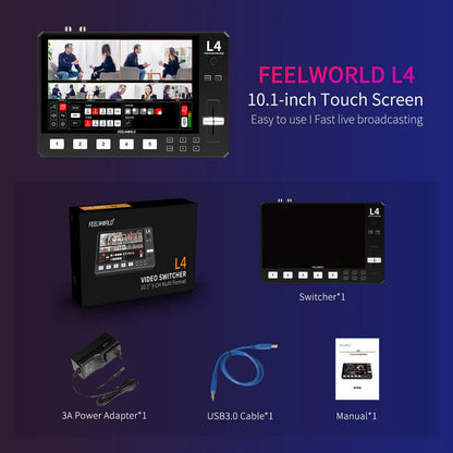 FEELWORLD L4 Multi-Camera Video Mixer Switcher 10.1" Touch Screen USB3 Fast Streaming Chroma Keying